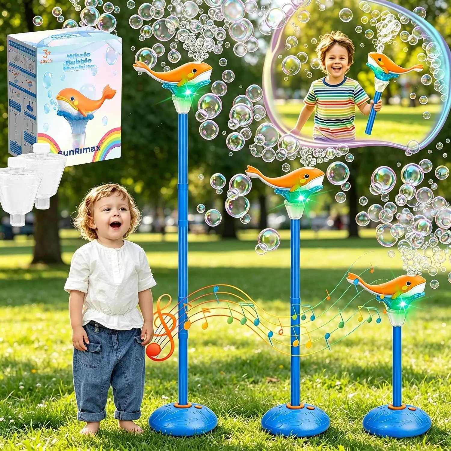 Standing Bubble Machine for Kids Outdoor, Whale Bubble Torch with Light Music Lamp, 47" Adjustable Height Automatic Bubble Blower Maker Tower Fountain for Party,Stand Up Outside Handheld Lanterns ToysGift.