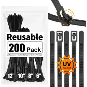 200 Pack Reusable Zip Ties Assorted Sizes 6+8+10+12 inch UV Resistant, Black Zip Ties Heavy Duty Outdoor Releasable Round Ending No Hurt, Cable Ties Reusable Tie Wraps Indoor Non Slip Off