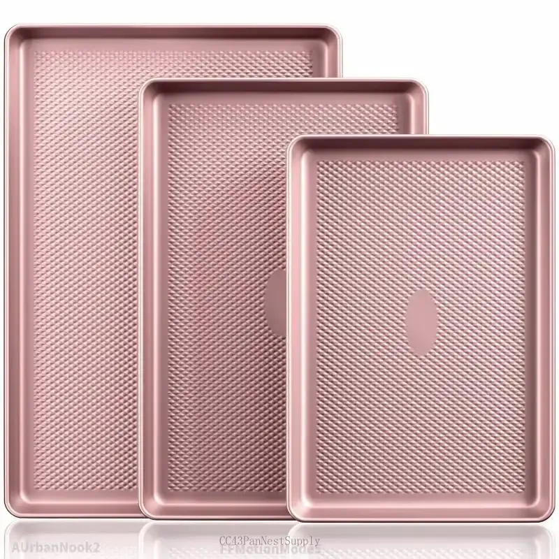 Diamond-Texture Baking Sheet Pan Set, Non-Stick Cookie Sheets, Teflon-Free Heavy Duty Bakeware - 3 Sizes, Baker, Pink Kitchenware CookingAUrbanNook2FFMotionModeCC43PanNestSupply
