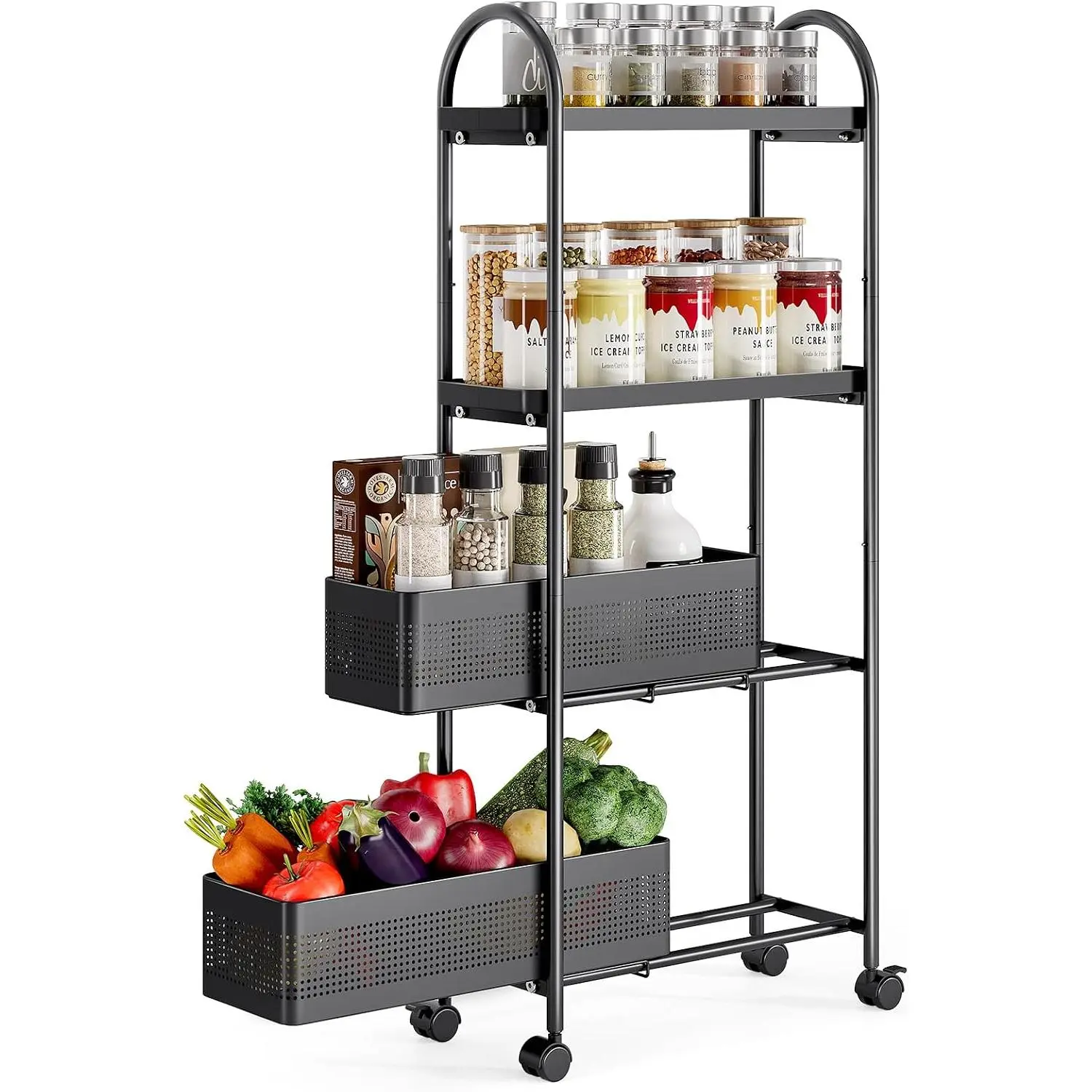 4 Tier Slim Rolling Cart with Drawer, Metal Utility Storage Cart | 2 Pull-out Baskets, Lockable Wheels, Narrow Space Trolley Organizer for Bathroom, Kitchen, Office, Dorm, Laundry Room, Black