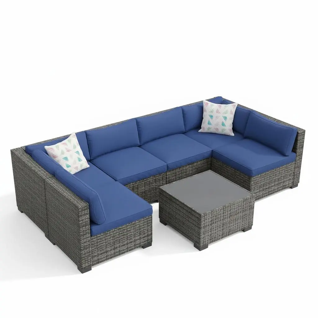 Gray gradient rattan + blue cushion