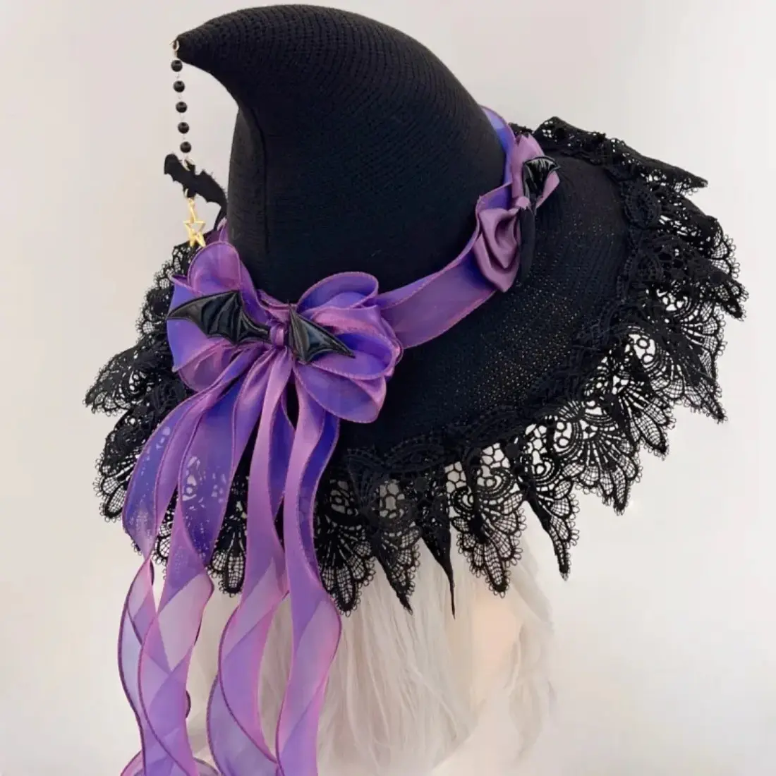 Halloween handmade dark demon bat gothic style witch lace witch hat witch witch hat headwear lace dressing props Party Event Props Party Hats