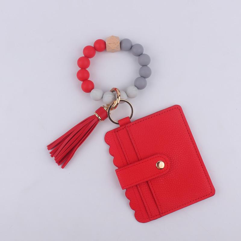 Silicone bead bracelet card holder accessories, silicone bead wristband, PU tassel women's wallet, leather tassel keychain