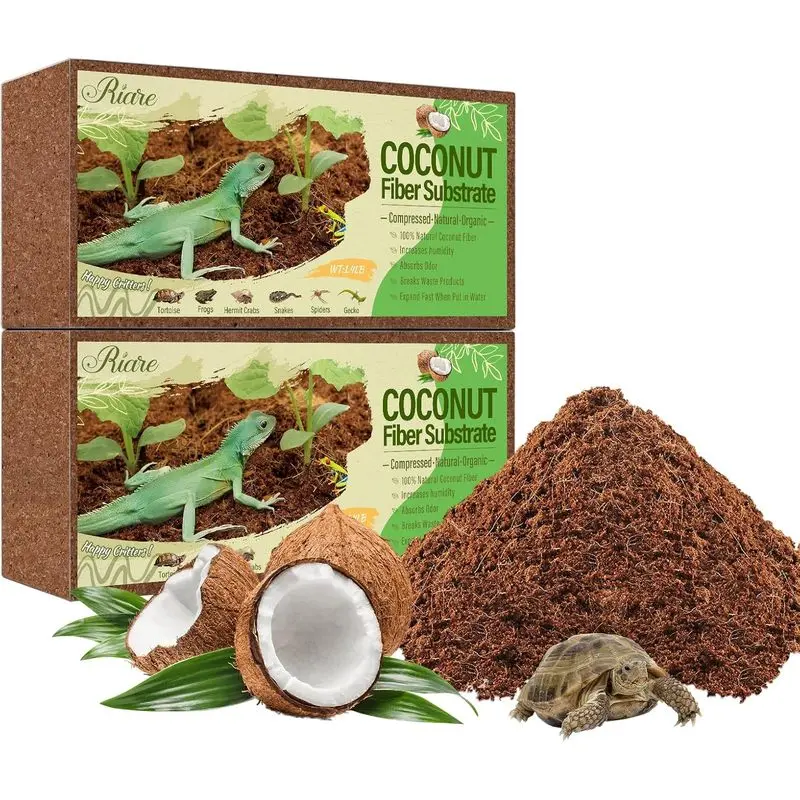 Natural Coconut Fiber Substrate for Reptiles, 2 Pack Compressed Coco Husk Bedding for Terrarium, Tortoise, Snake, Frog, Hermit Crab & Burrowing Pets