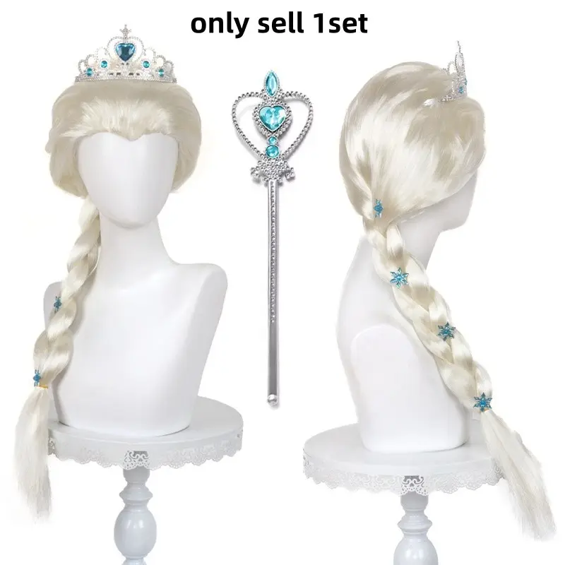 Elsa Princess Wigs Crown Staff Set, Halloween Disco Party Costume, Stage Performance Wig, Role Play Props, 1 Set