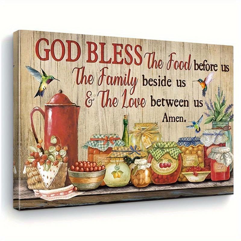 Framed Canvas Wall Art - God Bless the Food Family & Love Inspirational Print with Hummingbirds, Rustic Kitchen Decor for Dining Room, Home Office, Living Room - Classic Art Deco Framed Canvas Artwork, Large Canvas Wall Art, Office Artwork,