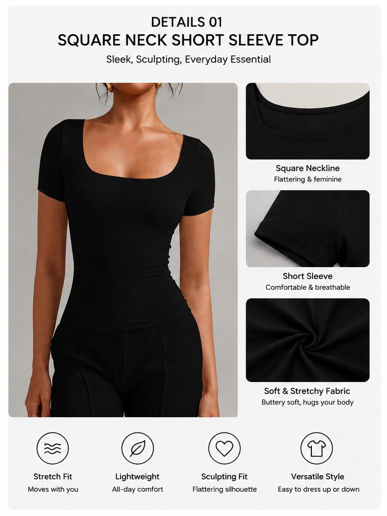 ASANDY suit Summer Women Double Lined Short Sleeve Crop Top Square Neck Casual Yoga Going Out Fitted Tee