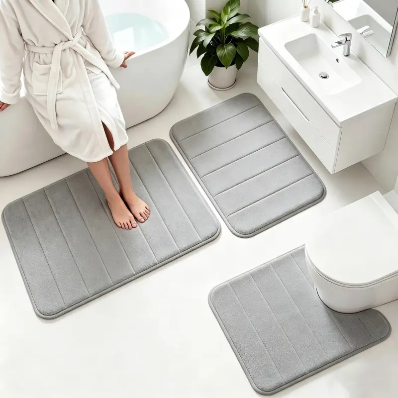 3-Piece Velvet Memory Foam Bath Mat Set for Bathroom & Toilet, Super Soft Absorbent Non-Slip Rubber Backing, Quick Dry, Machine Washable Home Room Accessories, Grey