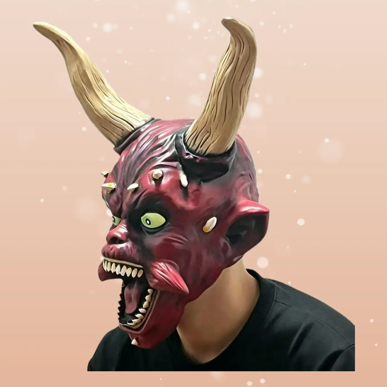 Scary Red Demon Full Head Mask with Long Horns, Comfortable Latex Prop for Halloween, Carnival, Christmas Party Accessories, One Size