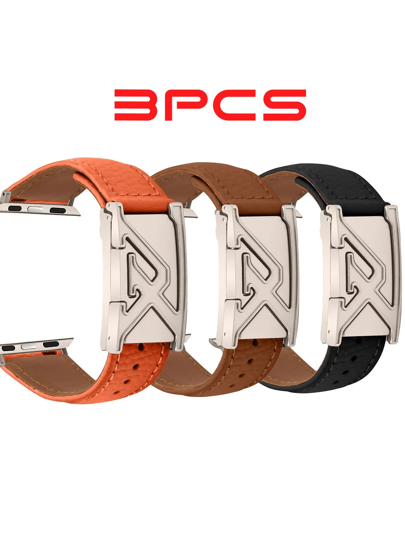 3pcs Fashionable Leather Watch Strap, Litchi-Pattern Texture, Silver Color Letter-Engraved Clasp, All Seasons Accessory, Box Included