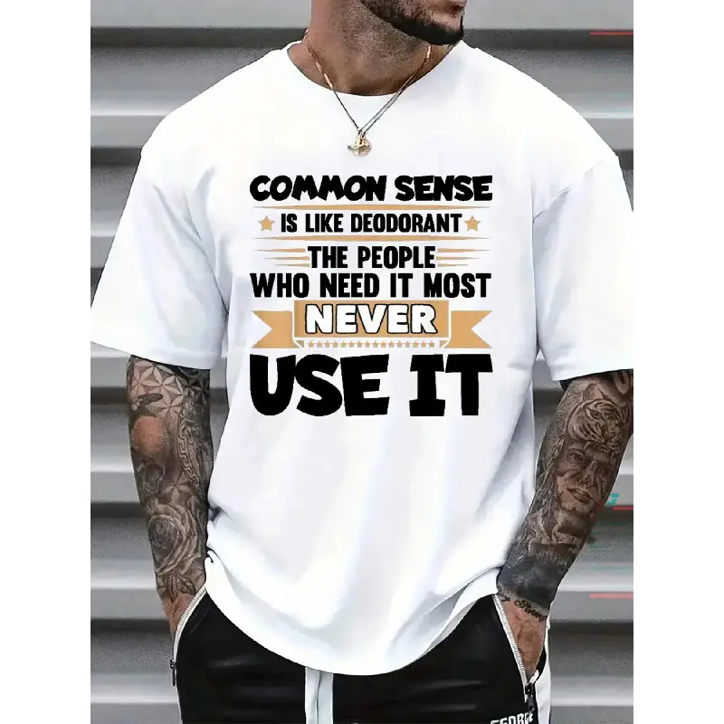Men's Sarcastic 'Common Sense Is Like Deodorant' Funny Graphic T-Shirt - Menswear, Classic Short-Sleeve Round Neck, Ultra-Soft Breathable Moisture-Wicking Fabric, Comfort Fit Casual Tee, Personalized Witty Saying, Shortsleeve