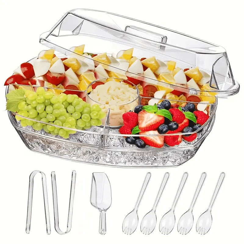5-Compartment Transparent Lunch Box with Flip-Top Lid & Layered Ice Preservation Suitable for Fruits, Vegetables, Salads - Plastic Container for Picnic, Travel,, Office, Cooler for Refrigerator Storage