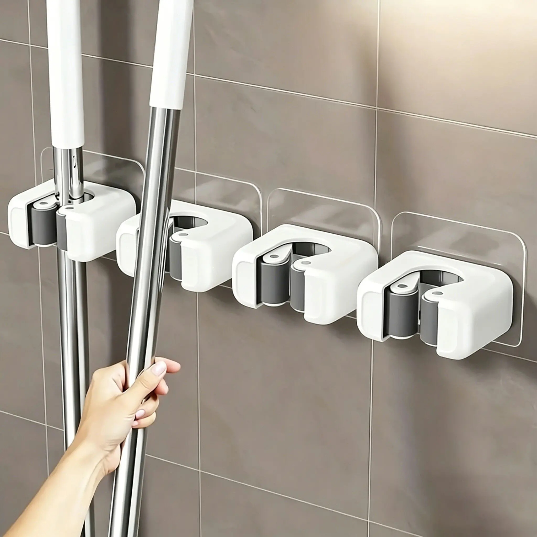 4pcs No-Drill Wall-Mounted Mop And Broom Rack - Strong Plastic Mop Holder And Broom Hook, Space-Saving Upright Storage, Suitable for Home, Kitchen, Bathroom (No Screws/Self-Installation) - Modern Cleaning Utility Hook, Utility Hooks