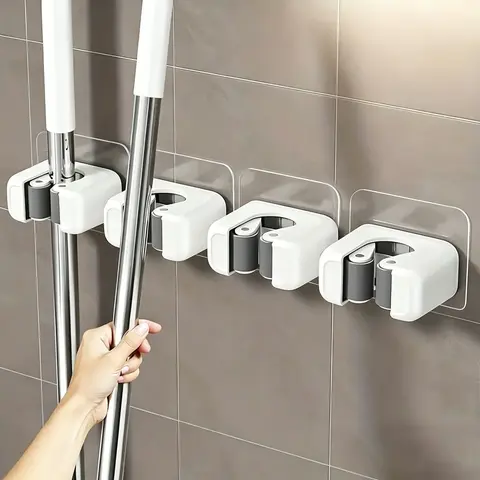 4pcs No-Drill Wall-Mounted Mop And Broom Rack, Broom And Mop Organizer Wall Hanging, Plastic Mop Holder And Broom Hook, Space-Saving Storage, Suitable for Home, Kitchen, Bathroom (No Screws/Self-Installation)