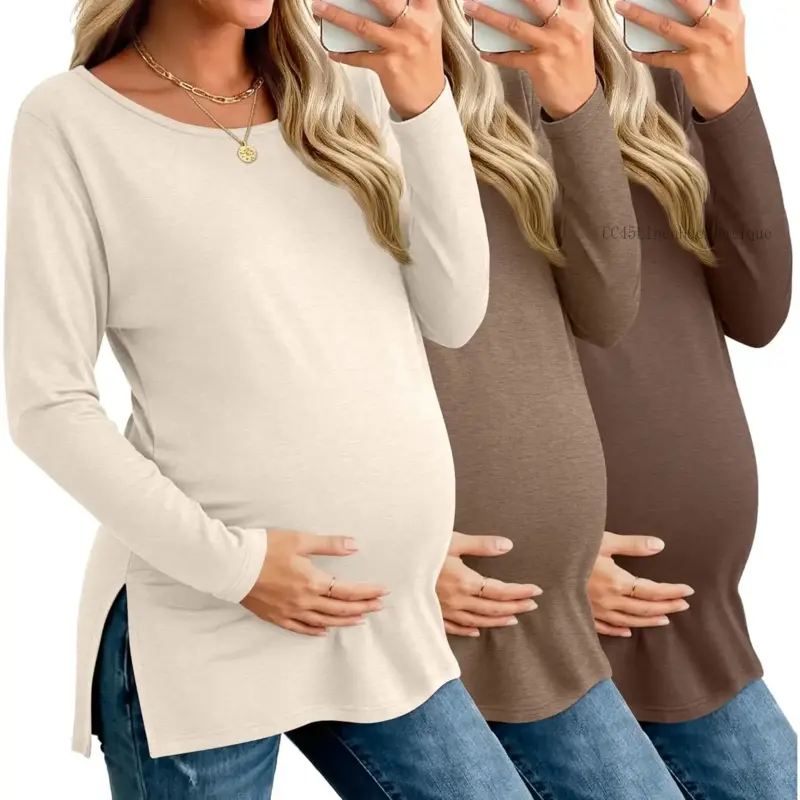 3 Pack Maternity Tops, Casual Long Sleeve Round Neck T-Shirts with Side Split, Loose Fit Fall Maternity Clothes for Pregnancy, Pregnancy Clothes, Maternity Clothes Pregnancy