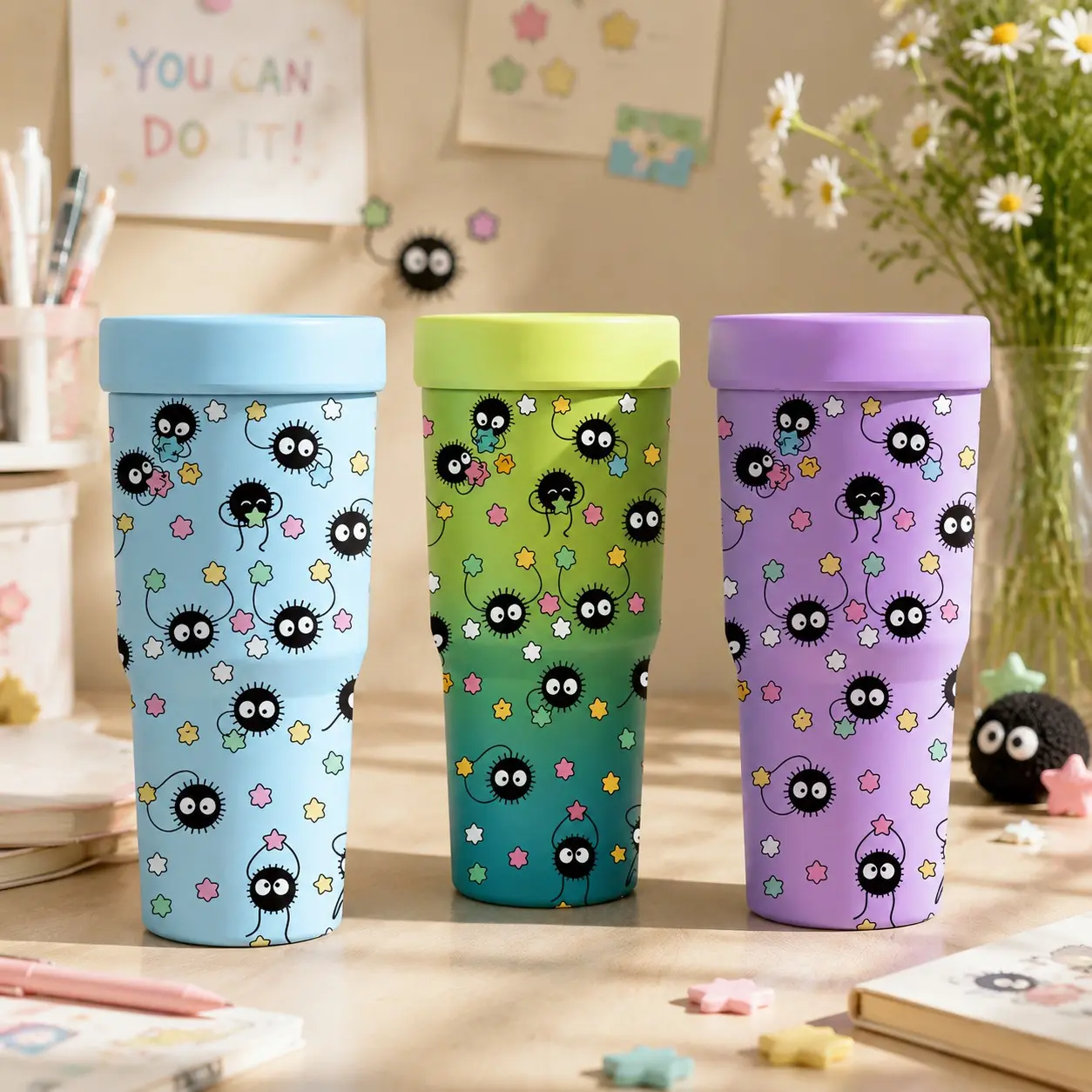 1PC 32oz Cute Fuzzy Creature & Star Print 2-in-1 Insulated Tumbler & Iced Coffee Cup Sleeve, Leak-Proof Double Wall Vacuum Stainless Steel Travel Mug, Cold 12+H & Hot 6+H, Fits 16–24oz To-Go Cups, Gift for Friends & Family