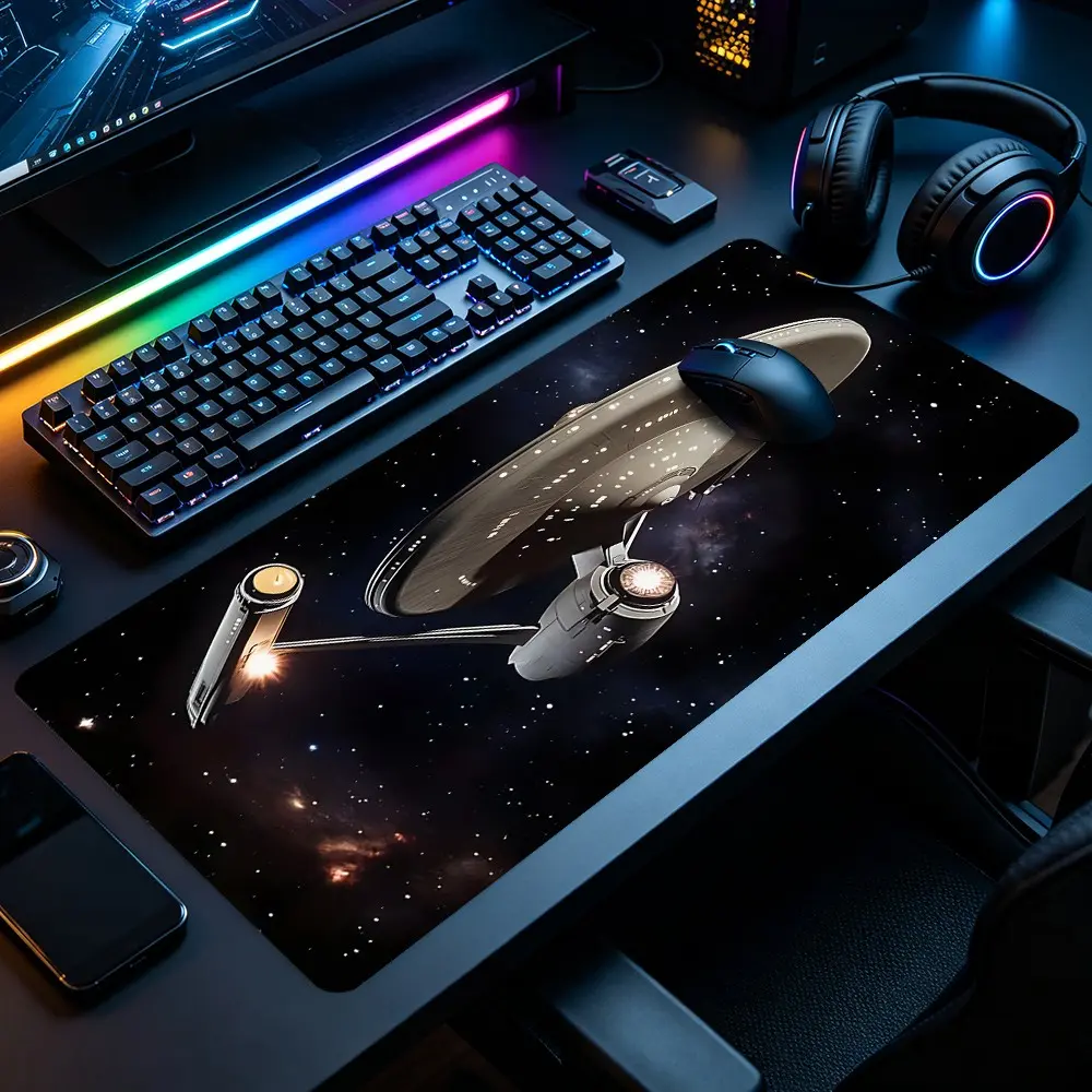 Space Starship XXL Gaming Mouse Pad, Deep Space Galaxy Vessel Design Non-Slip Stitched Rubber Desk Mat for Gaming and Home Office, Ideal for Gamers and Futuristic Space Decor Fans