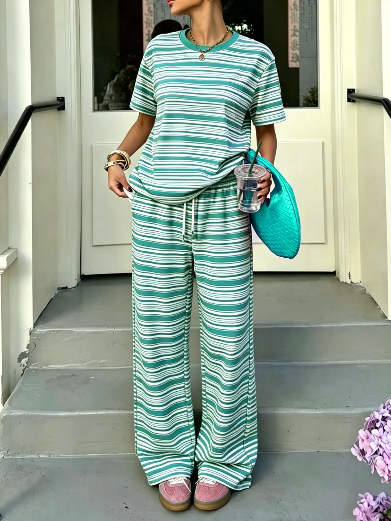 Summer Cute Set Women Striped Short Sleeve and Long Pants, 17 Colors Available, Casual Fashion, Soft Breathable Fabric, Daily Wear, Outfit