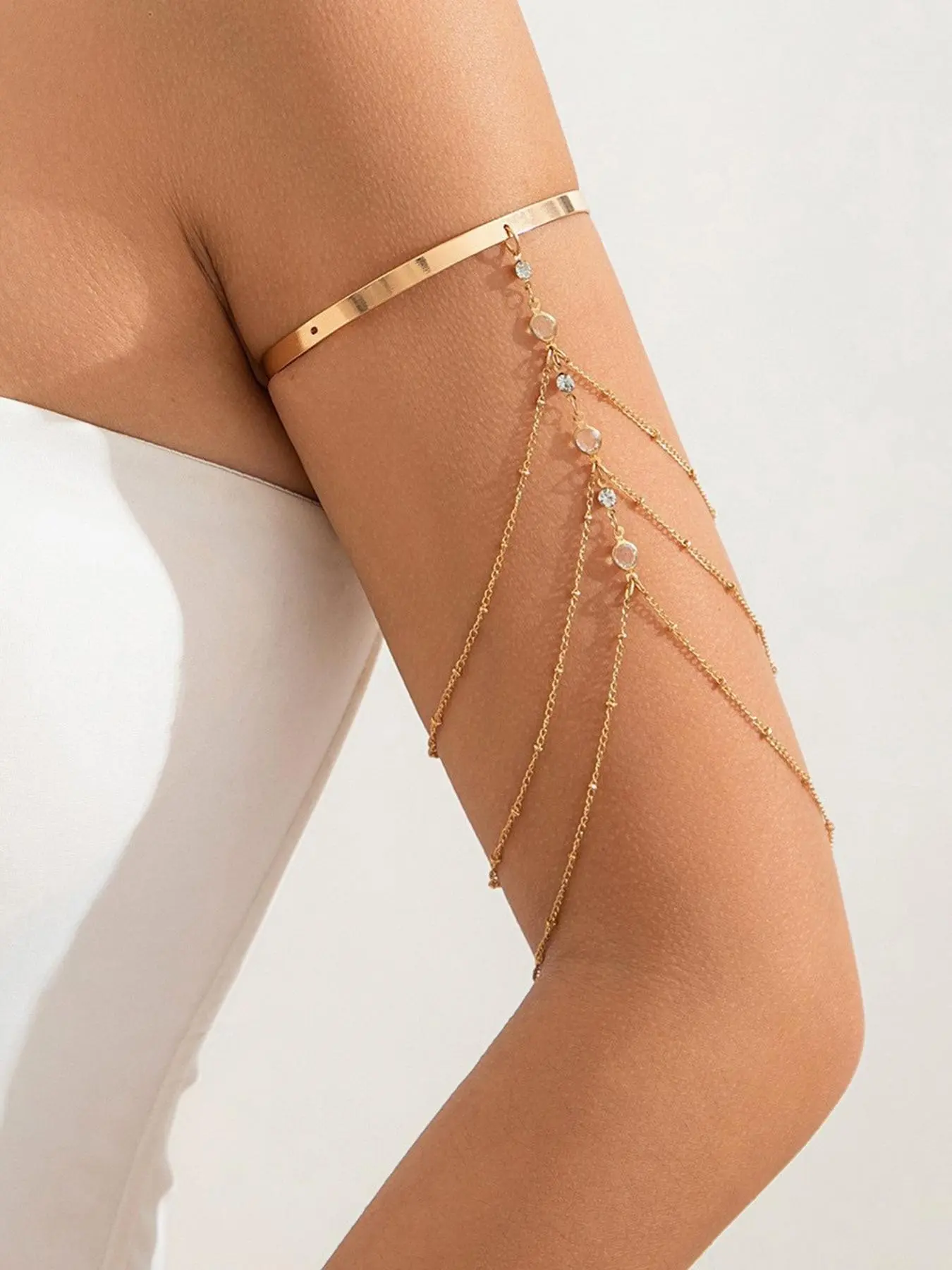 Fashionable Multi-Layer Rhinestone Stainless Steel Chain Fringe Upper Arm Bracelet, Adjustable Crystal Bead Fringe Arm Ring, Summer Beach Women's Body Jewelry, Body Chain Accessory
