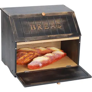 Double Layer Large Bread Box for Kitchen Counter, Retro Design Wooden Large Capacity Bread Storage Bin ( Black)