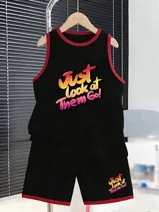 Boys' Gradient Letter Print Sports Suit Set, Breathable and Comfortable, Ideal for Daily Wear, Casual Play, School Activities
