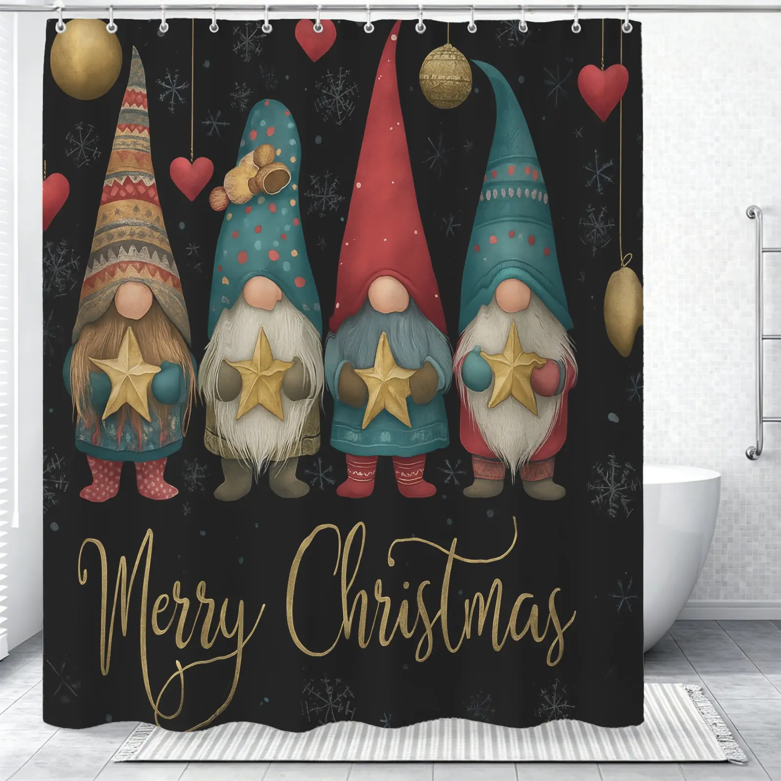 Gnome Pattern Shower Curtain, 72x72 Inches, Comes With Plastic Hooks, Easy To Install, Durable And Stylish Bathroom Accessory