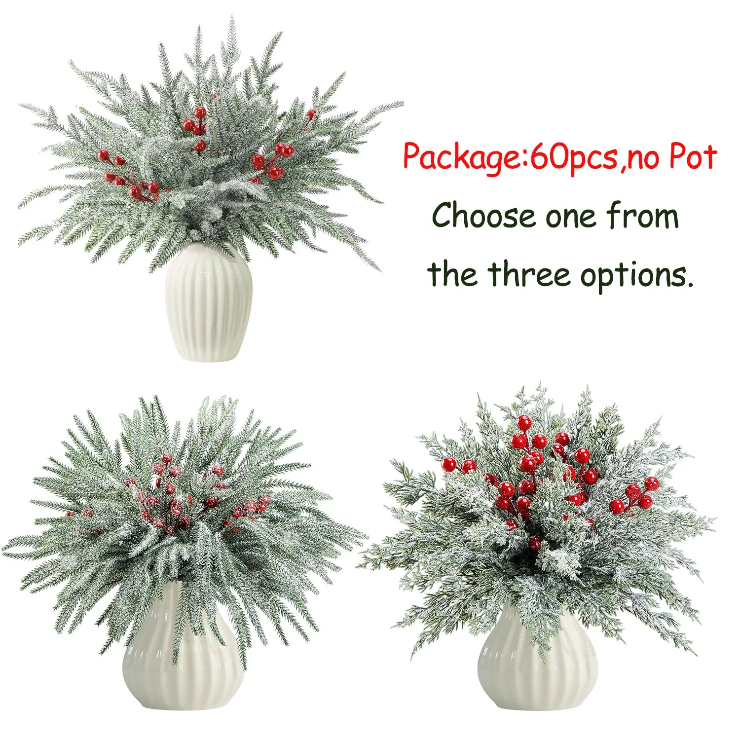 60 Christmas Snow Norfolk Pine Branches with Berries Stems, Artificial Christmas Tree Needles, Matte Norfolk Pine Stems Home Decor