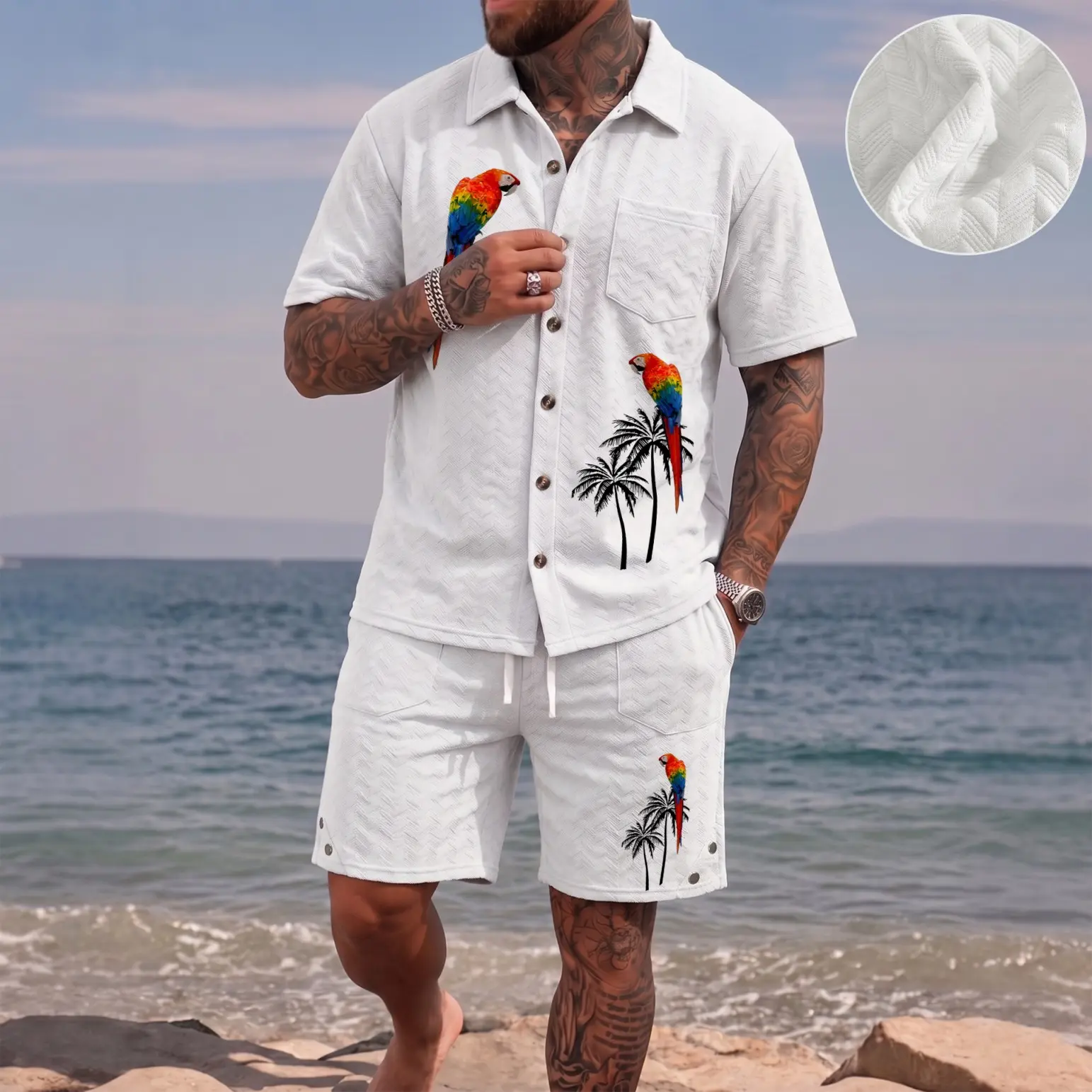 Men’s Parrot Bird Graphic Print Short Sleeve Button Shirt and Shorts Set, Waffle Fabric 2 Piece Outfit, Summer Casual Tropical Vacation Look