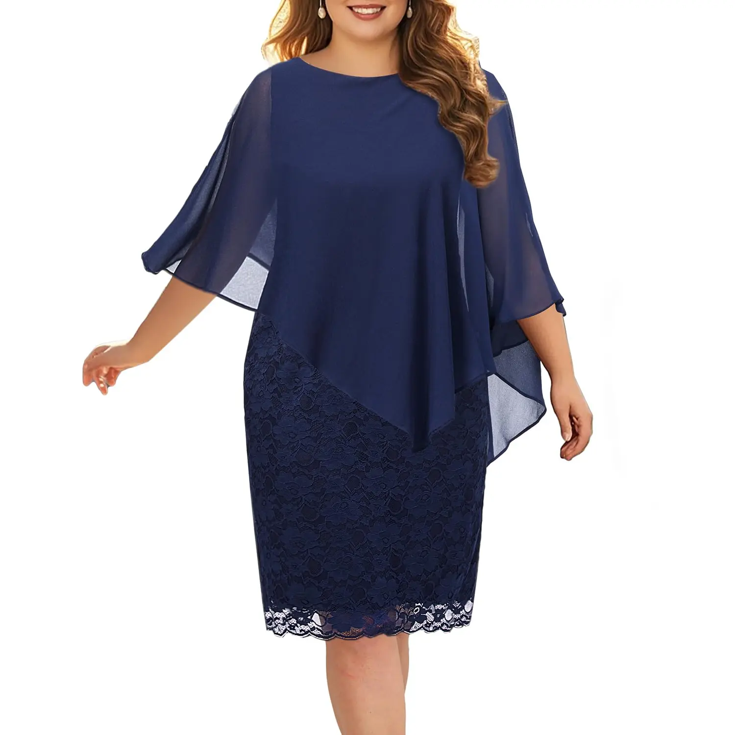 Pinup Fashion Women's Plus Size Cape Dress with Chiffon Overlay Wedding Guest Bodycon Lace Dresses