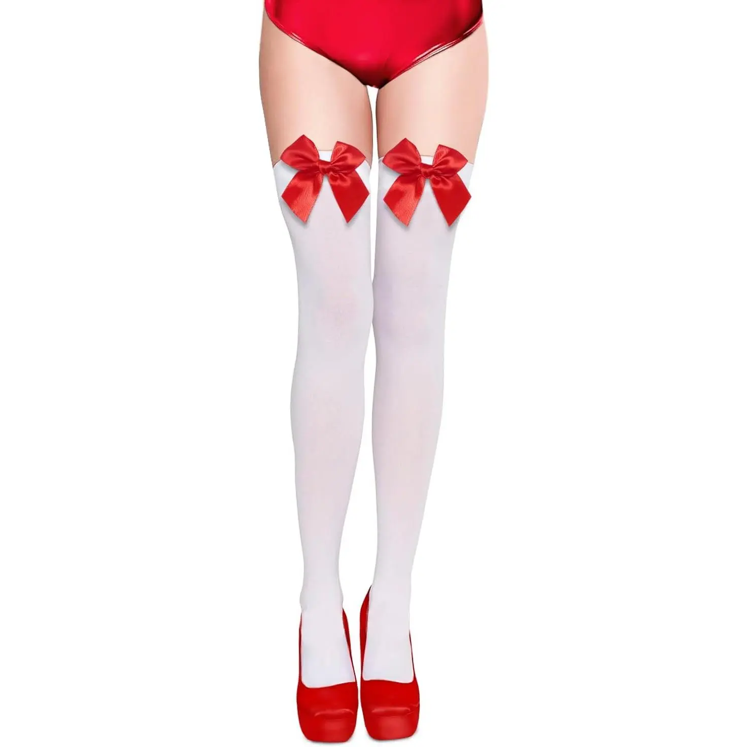 Women’s Stretchy Chic Satin Red Bow Thigh-High Stockings, White Silk Over-Knee Long Socks for Dance Costume, Party Activewear Style, Athletic