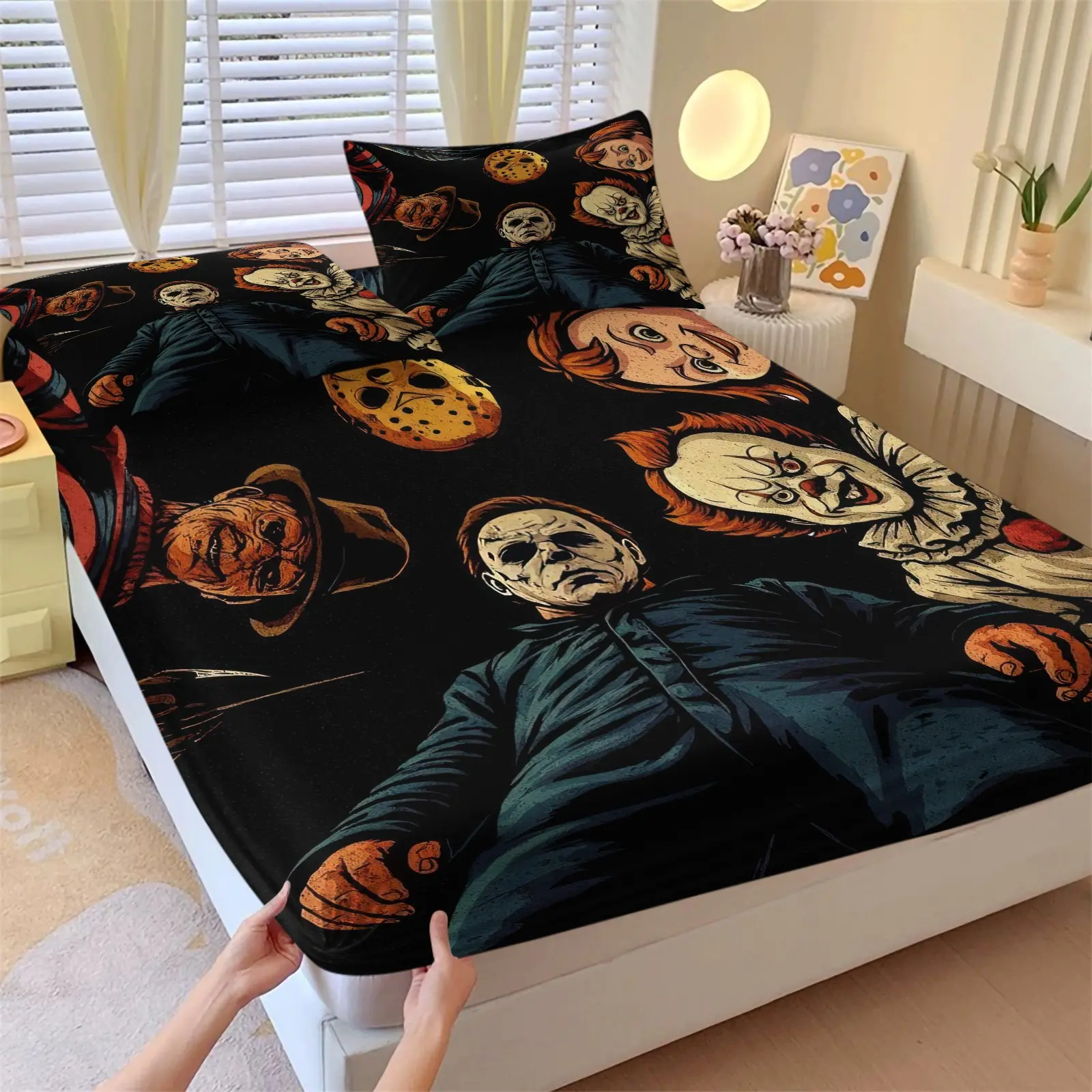 Classic Horror Character Fitted Sheet Set 3-Piece-Soft Wrinkle-Resistant Bedding-Black Base Vintage American Comic Style-Ideal for Boys' Room Gaming Room Dark Dorm Horror Movie Lover's Bedroom Decor