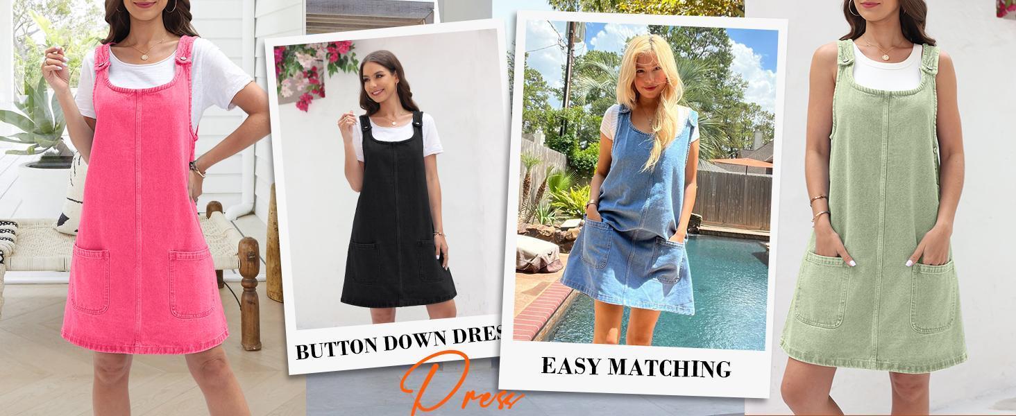 Imily Bela Women's Sleeveless Casual Denim Dress Crewneck Vintage Overall Mini Dress with Pockets