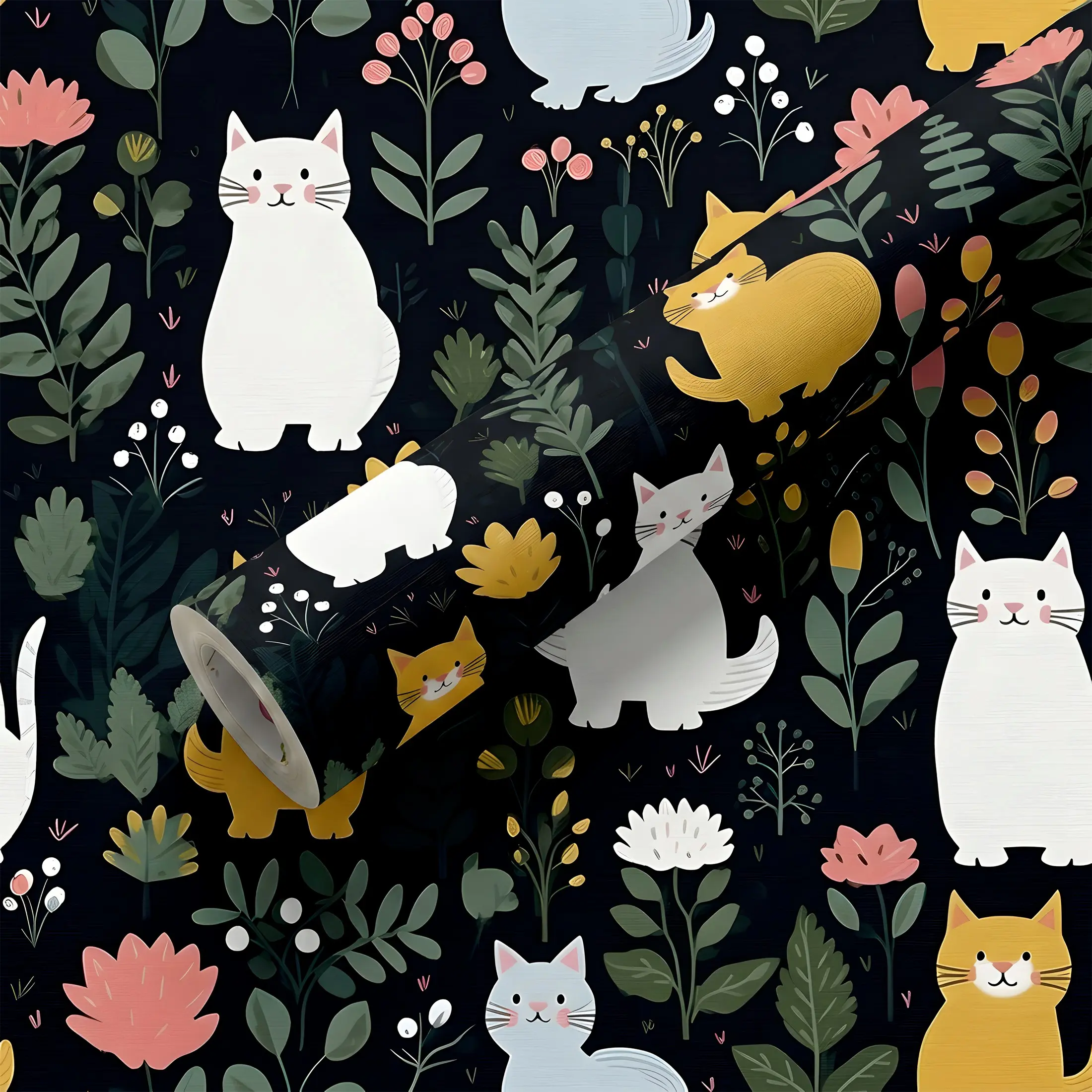 Cute Cartoon Cat Floral Wallpaper, Self-Adhesive Waterproof Removable Wall Sticker, Easy Cut Install, Kids Bedroom, Cat Room, Cabinet Decor
