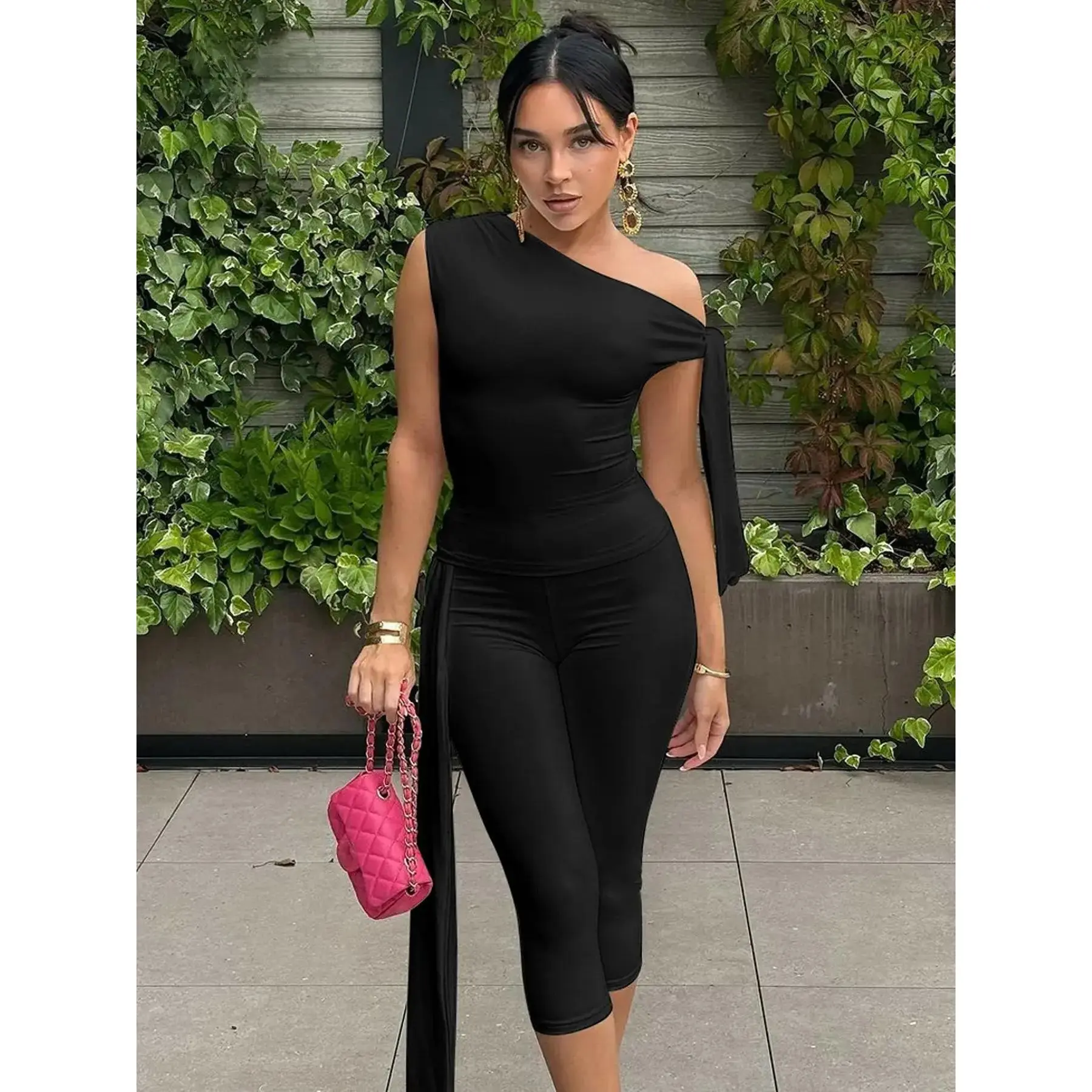 Women's Solid Asymmetrical Neck Knot Design Fitted Sleeveless Top & High Waist Capri Pants Two-piece Set, Elegant Chic Fashion Basic Ruched Top & Skinny Capri Trousers for Daily Outdoor Wear, Ladies Clothes, Casual Summer Clothing Set