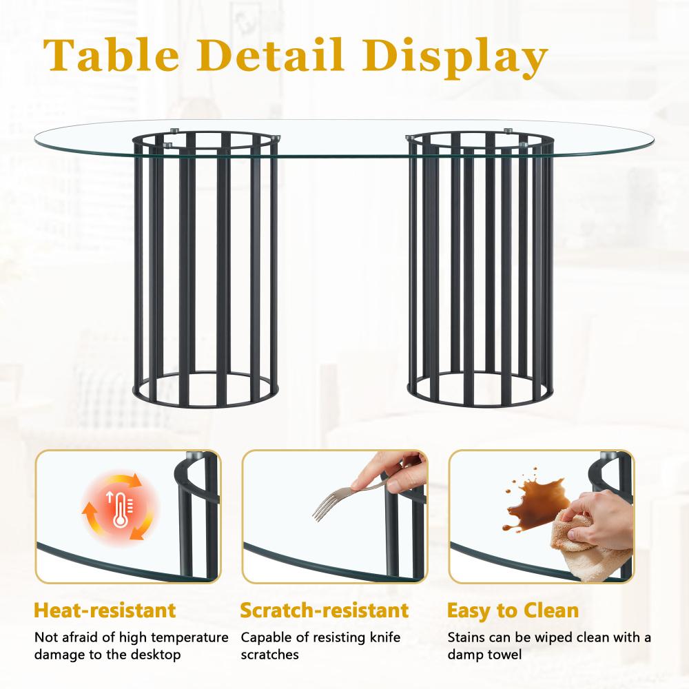 71 inch oval tempered glass dining table,black double column light luxury style,tempered glass scratch resistant and easy to clean.Suitable for 6-8 people dining, modern light luxury restaurant table.