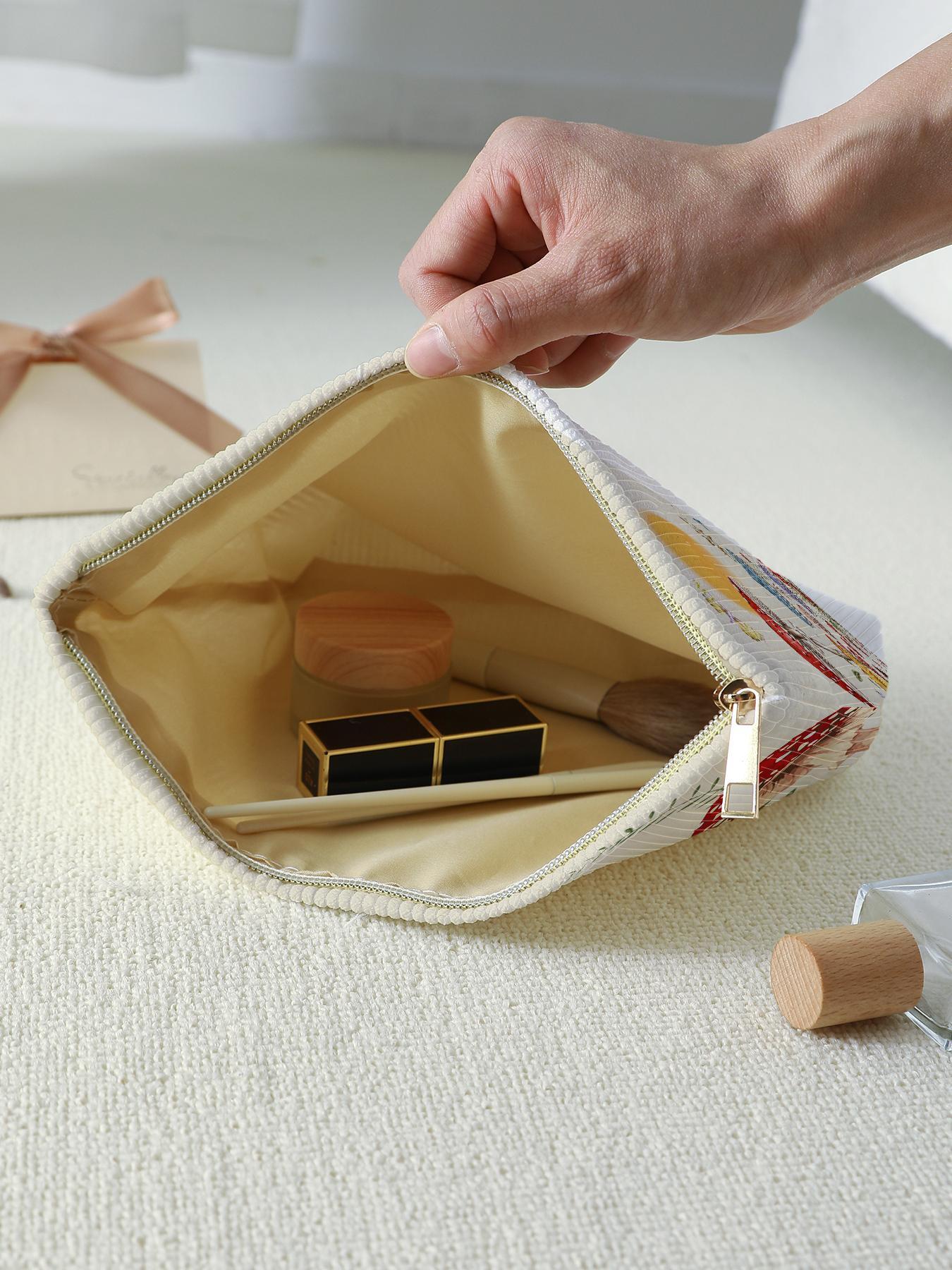 Cute Mushroom & Butterfly Pattern Makeup Bag, Multifunctional Large Capacity Storage Bag, Zipper Corduroy Makeup Bag for Travel & Daily Use, Handheld Cosmetic Pouch
