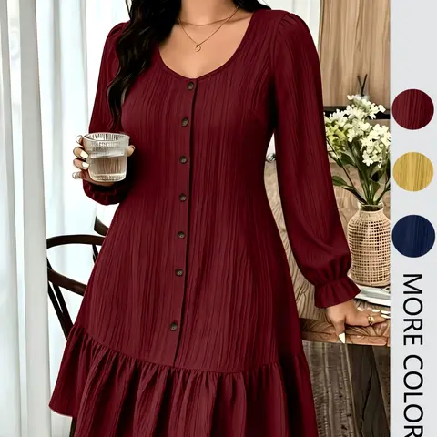 Elegant Aesthetic Long Sleeve Dress Loose-Fitting Solid Pattern, All Seasons Wear, Button Detail Design, 3 Colors Available