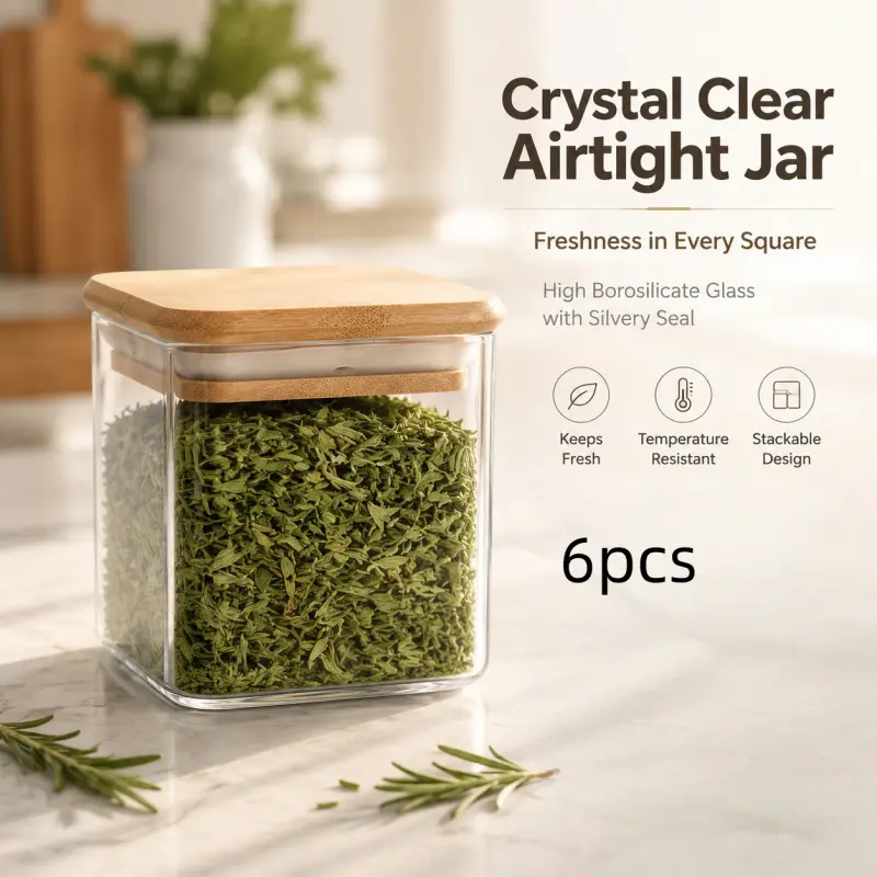 Crystal Clear Airtight Glass Jars, 6-Piece Set, High Borosilicate Glass with Bamboo Lids, Temperature Resistant & Stackable, Keep Food Fresh, Ideal for Spices, Tea, Grains & Pantry Storage
