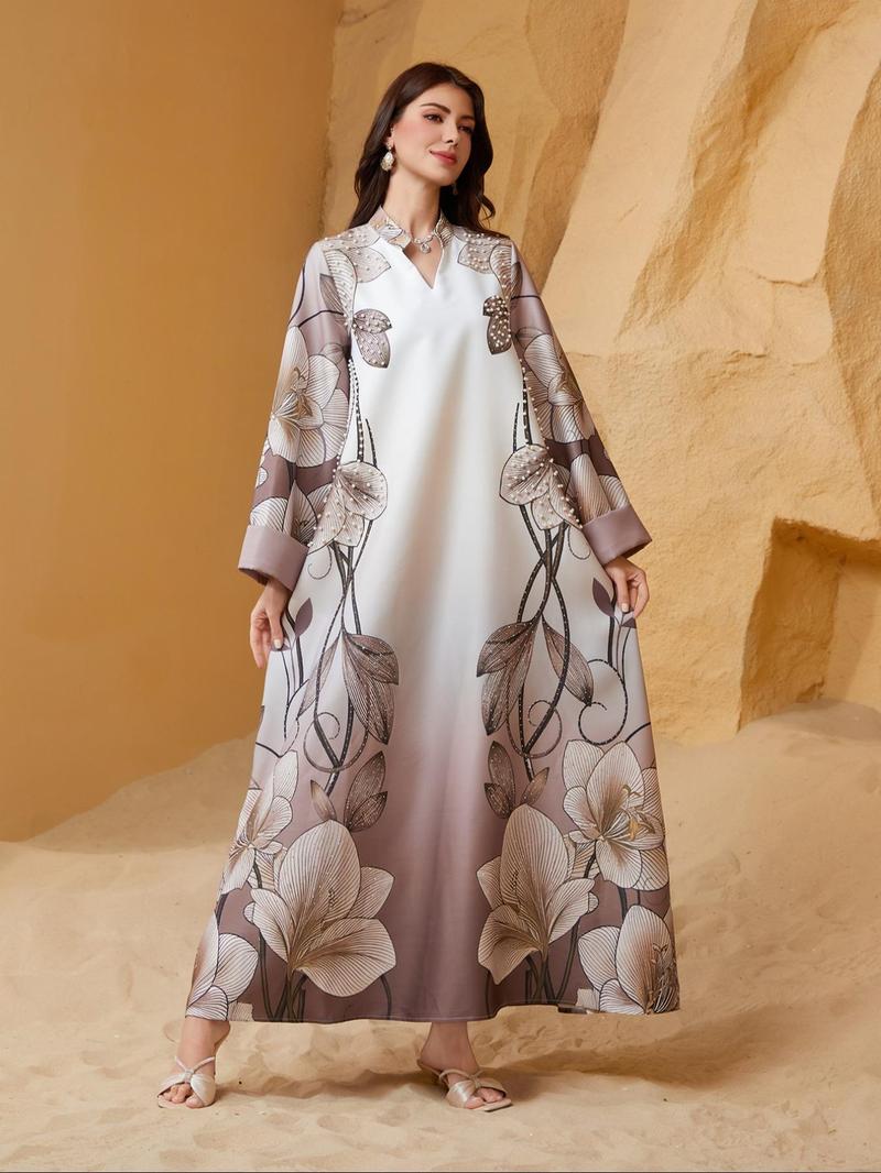 Women's Floral Pattern Long Dress, Floral Print Abaya, Elegant Modesty Long Sleeve Maxi Arabic Clothing, Ladies Islamic Clothing for Daily Wear