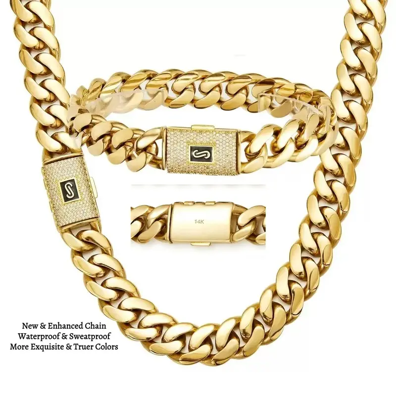 14K Gold-Plated Cuban Miami Style Necklace & Bracelet Combo Waterproof Rust-Proof Waterproof Rustproof Hypoallergenic New Electroplating Process the Perfect Valentine's Day Gift for Your Loved Ones Gift for Any Occasion  Electroplate Gold Jewelry