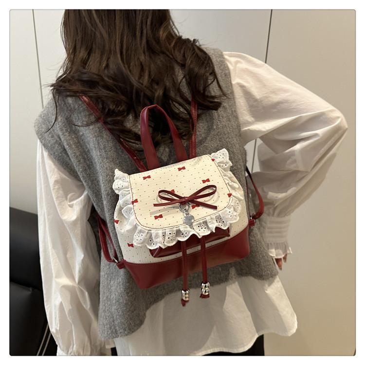 Polka Dot Lace Bow Mini Backpack for Women, Cute Coquette Y2K Bucket Bag, Lightweight Small Backpack with Adjustable Straps, Aesthetic School Travel Daily Outfit Bag for Girls & Teens