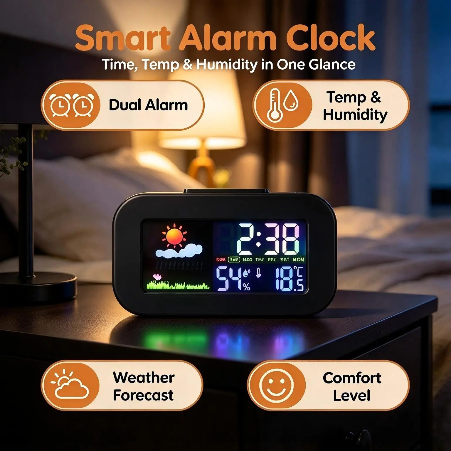 Multifunctional Smart Desk Clock – 9x5.1x3cm Compact Size for Students & Office Workers – Perfect for Bedroom, Dorm & Office Desk – Dual Alarm, Weather Forecast, Temp & Humidity, Color LED Backlight