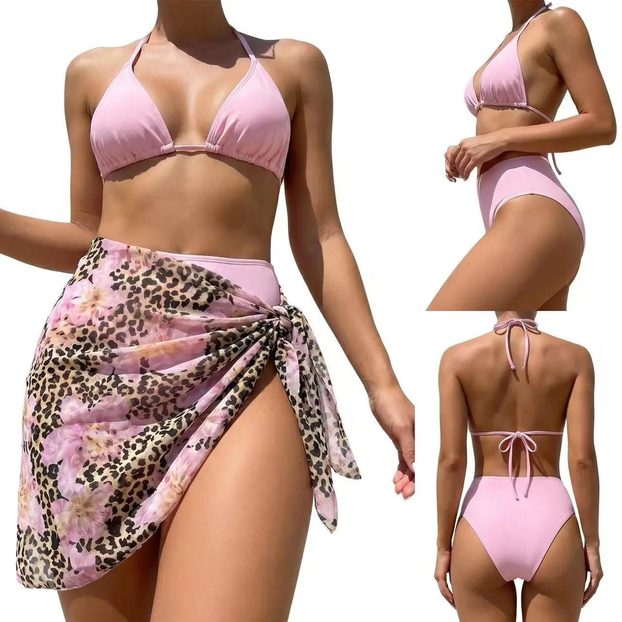 Women's Bandeau Halter 3-Piece High-Waisted Bikini Set - Pink Seashell Beach Swimwear with Leopard Floral Sheer Sarong Cover Up, Breathable Sports & Outdoor Swimwear for Kiddie Pool Use, Bandeau Halter 3 Piece Bikinis Set, Cover Up Bikinis Set