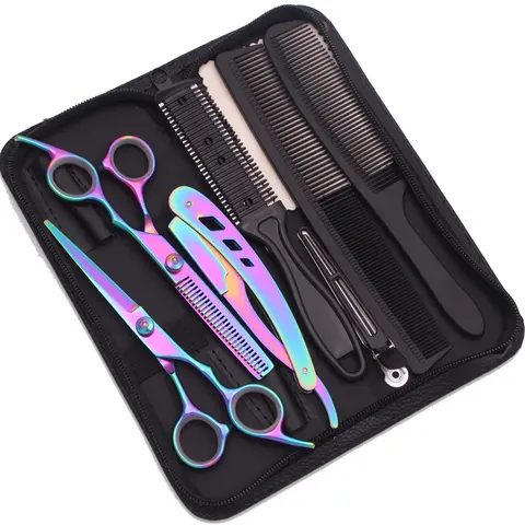 Hairdressing Scissors Rainbow Japan Stainless Barber Shop Complete Haircutting Kit Haircut Set Hair Cutting Scissors Thinning Shears Razor Combs Trimming Set Home Usesuitable Scissors for Beginners