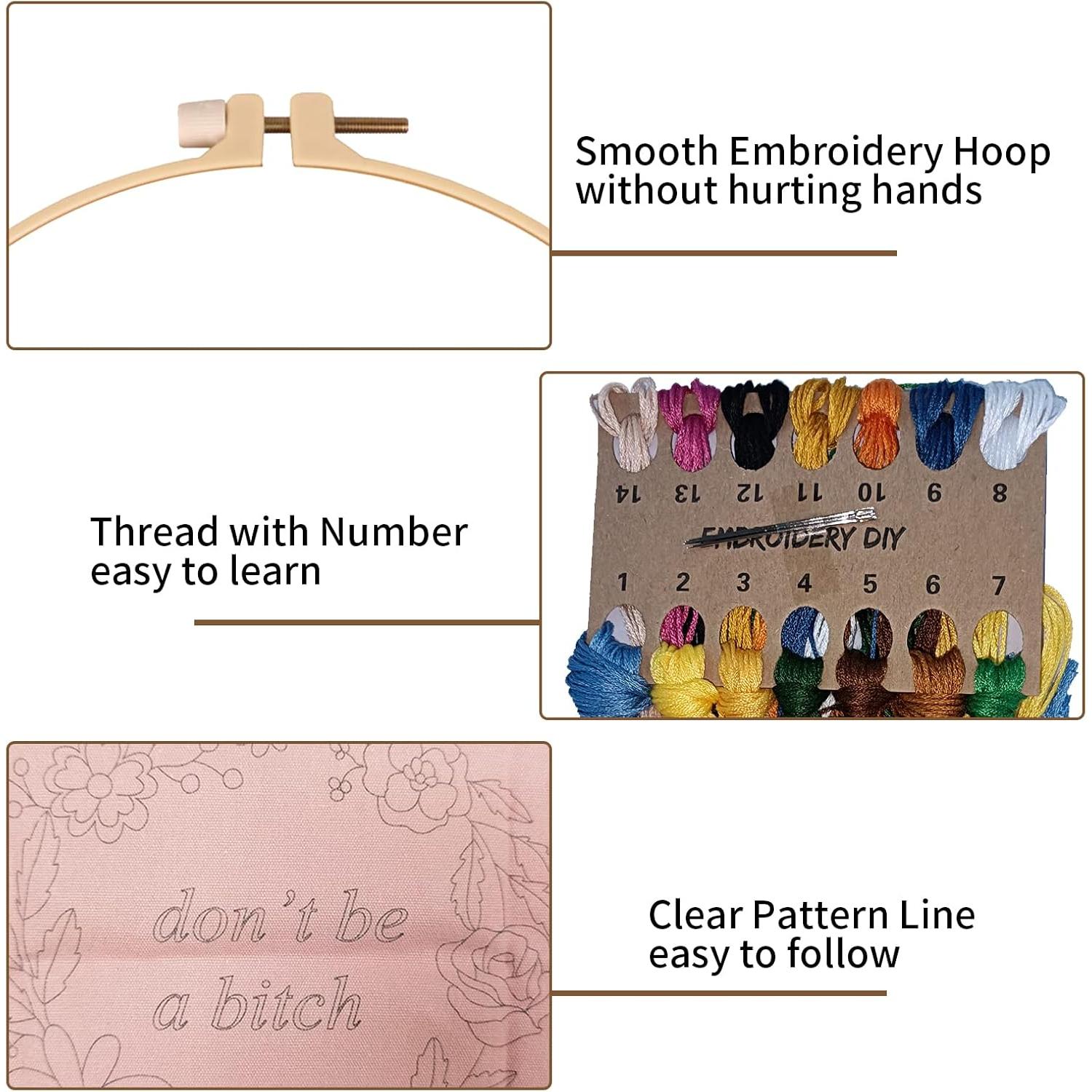 2 Sets Funny Embroidery Kit with Stamped Floral  for Beginners Adults Simple  Stitch Kits Include Needlepoint Cloth Hoops  Threads