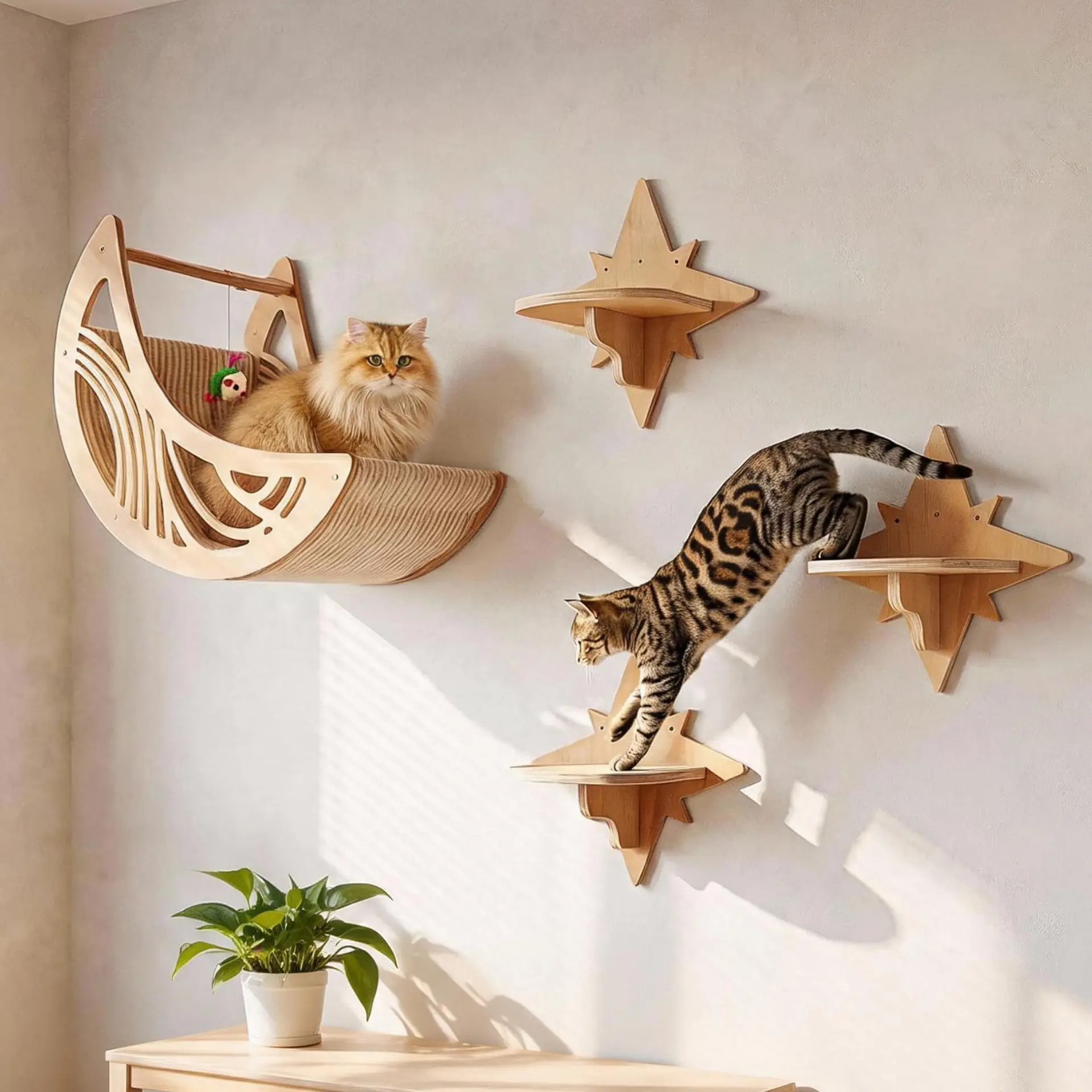 Wall-Mounted Openwork Moon Cat Bed Hammock, Star-Shaped Cat Stair, Indoor Cat Play Frame, Space-Saving Cat Furniture, for kittens and cats Playing and Sleeping