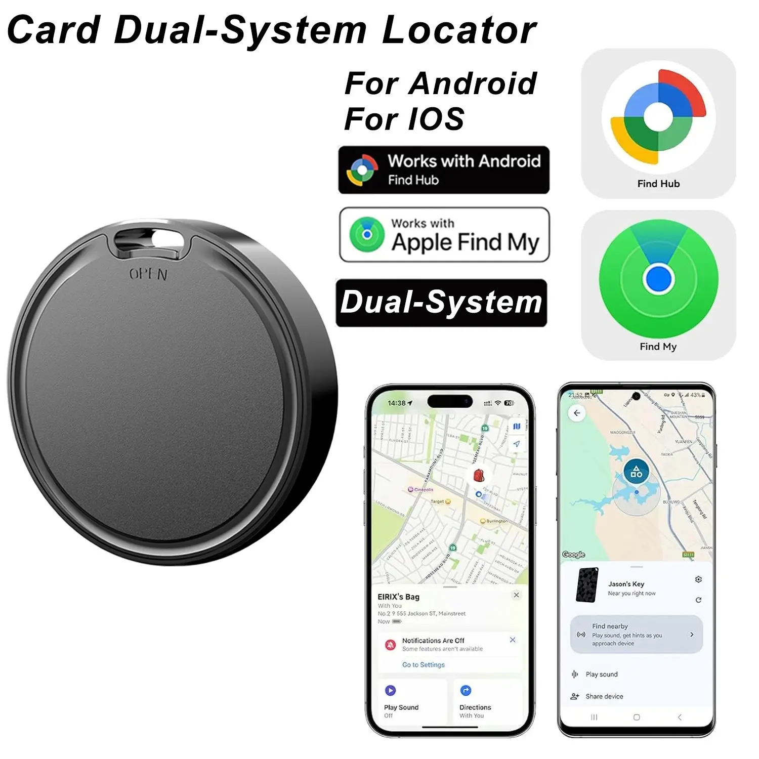Dual System Smart Item Locator Tag, Instant Response Real-Time Bluetooth Tracker Compatible with Android Find Hub, Anti-Lost Finder for Keys Wallet Luggage Bags Support Lost Mode Location Trackin