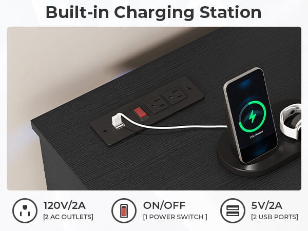 LED Dresser with  Charging Station Black Modern Chest Drawers Wood Cabinet Chest