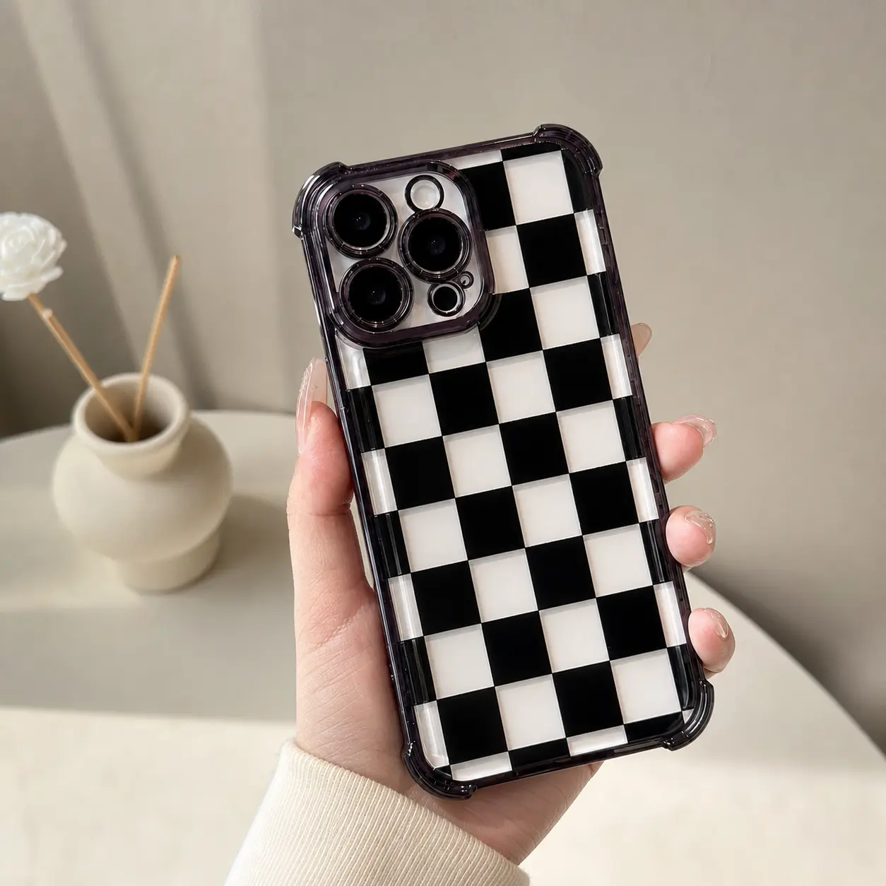 Black checkered four-corner drop-proof TPU phone case for iPhone Samsung Galaxy 17 Air 16Pro Max 15 14Plus 13 12 11 XR XS S26Ultra S25 S24 S23  Simple and stylish camera protection Shockproof Anti-Drop Shockproof Drop ,high-definition,transparent,material