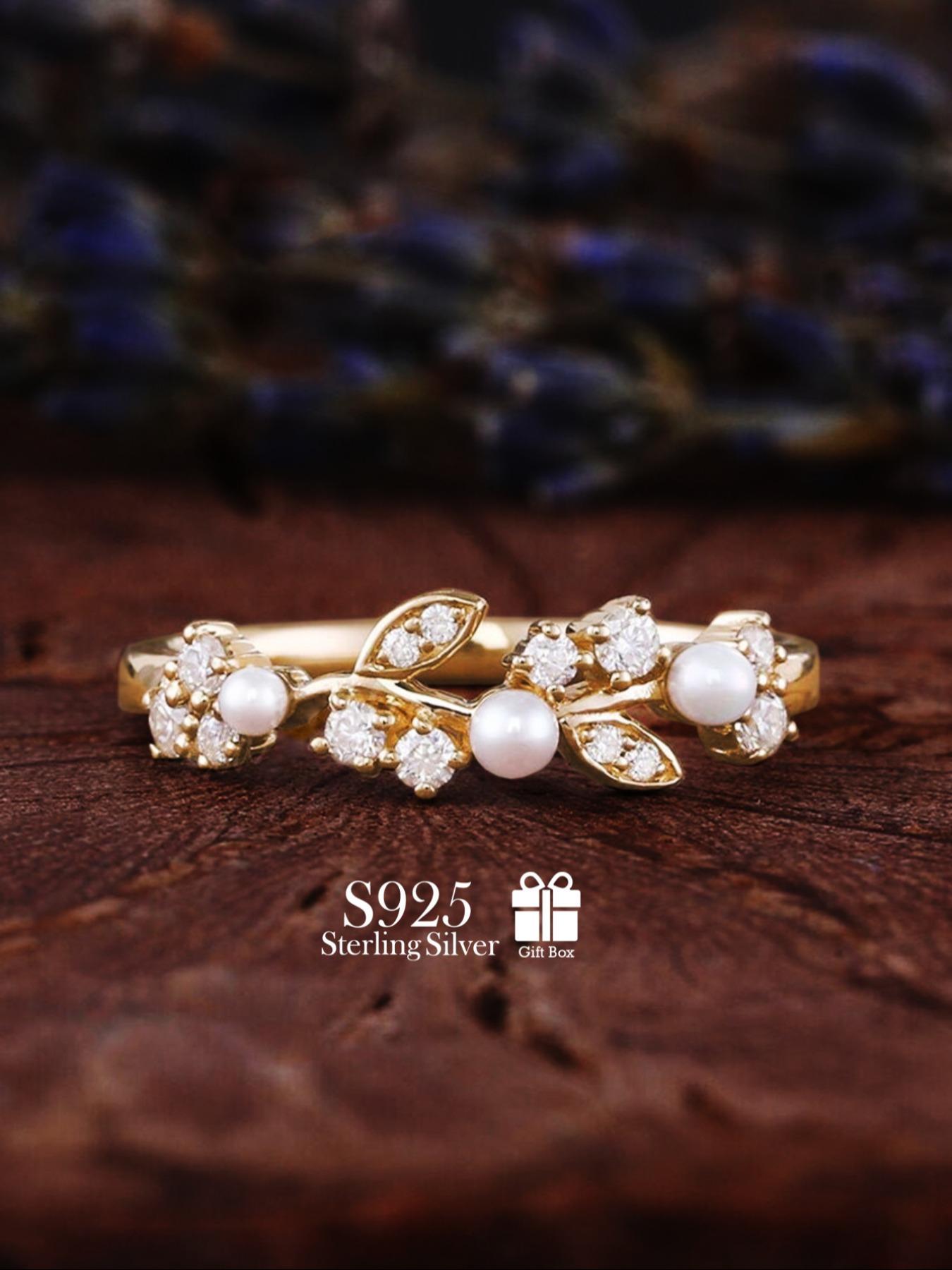 S925 Sterling Silver Faux Pearl & Artificial Zircon Decorated Ring, Vintage Style Ring for Women, Trendy All-match & Exquisite Jewelry for Birthday Gift, Vintage Rings, Promise Ring